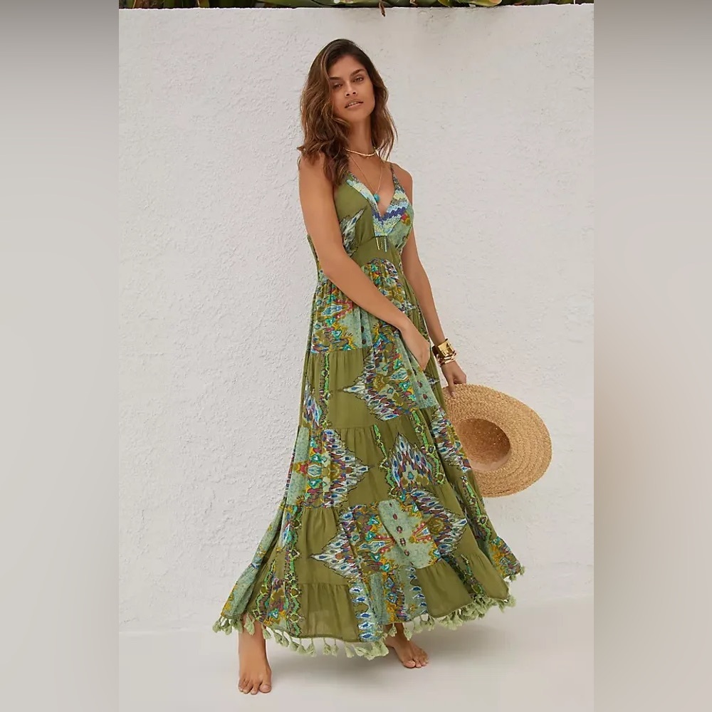 Anthropologie Barok Paris Sleeveless V-Neck Tiered Dress Green